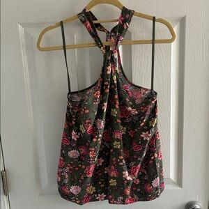 LOFT Black Floral Halter Camisole with Pink and Green Accents